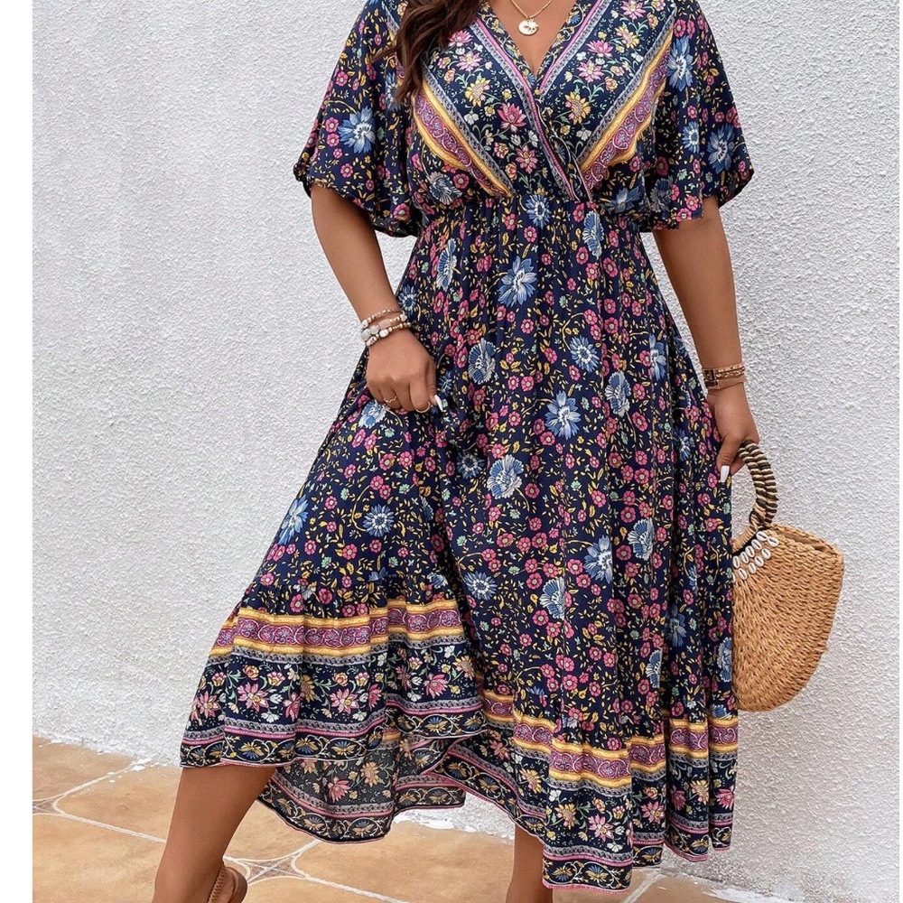 Plus Navy Blue Floral Print Flounce Short Sleeve Maxi Dress